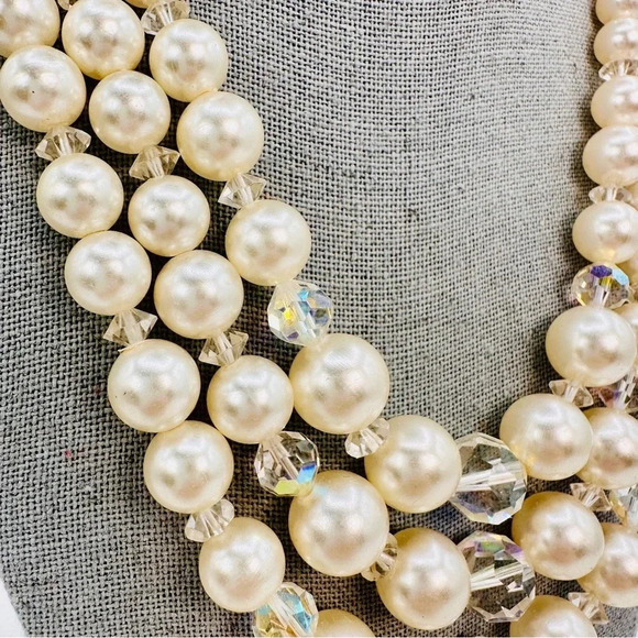Vintage Laguna Faux Pearl Necklace Aurora Borealis Crystal Beads 3 Stran… - Picture 6 of 11